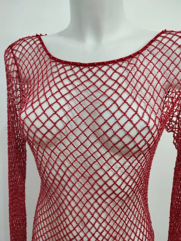 List Deadstock Fishnet Beaded Top - Red Long Sleeved