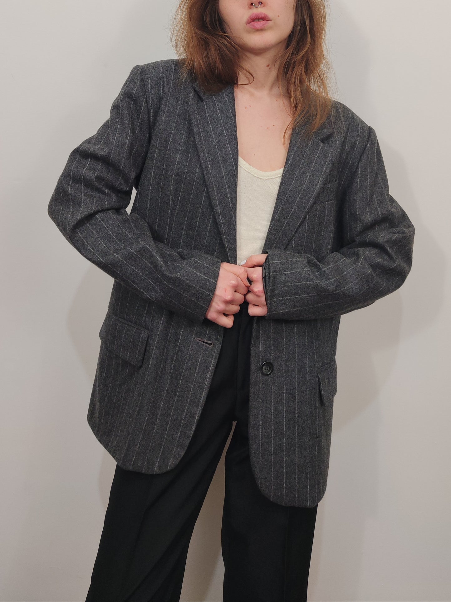 Pure New Wool Pinstripe Gray Blazer