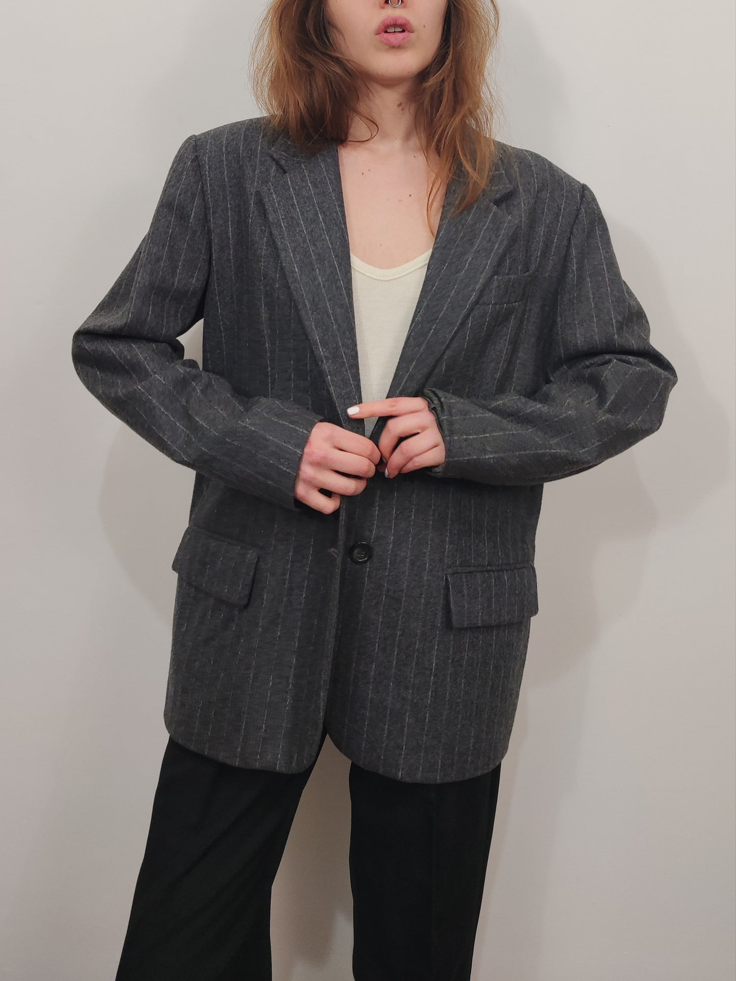 Pure New Wool Pinstripe Gray Blazer