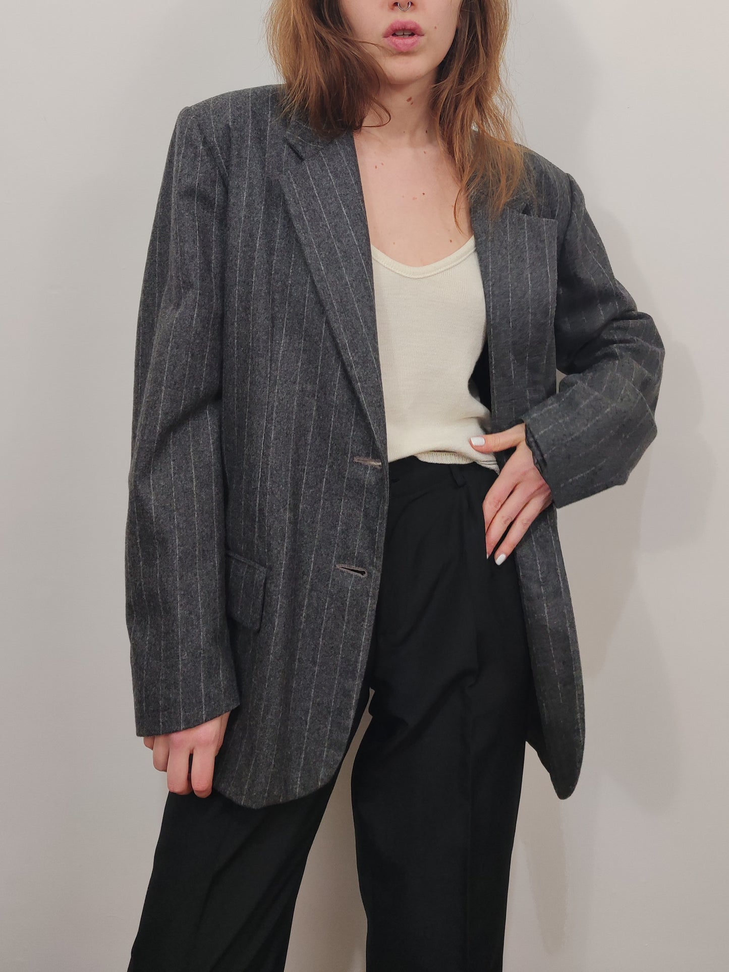 Pure New Wool Pinstripe Gray Blazer