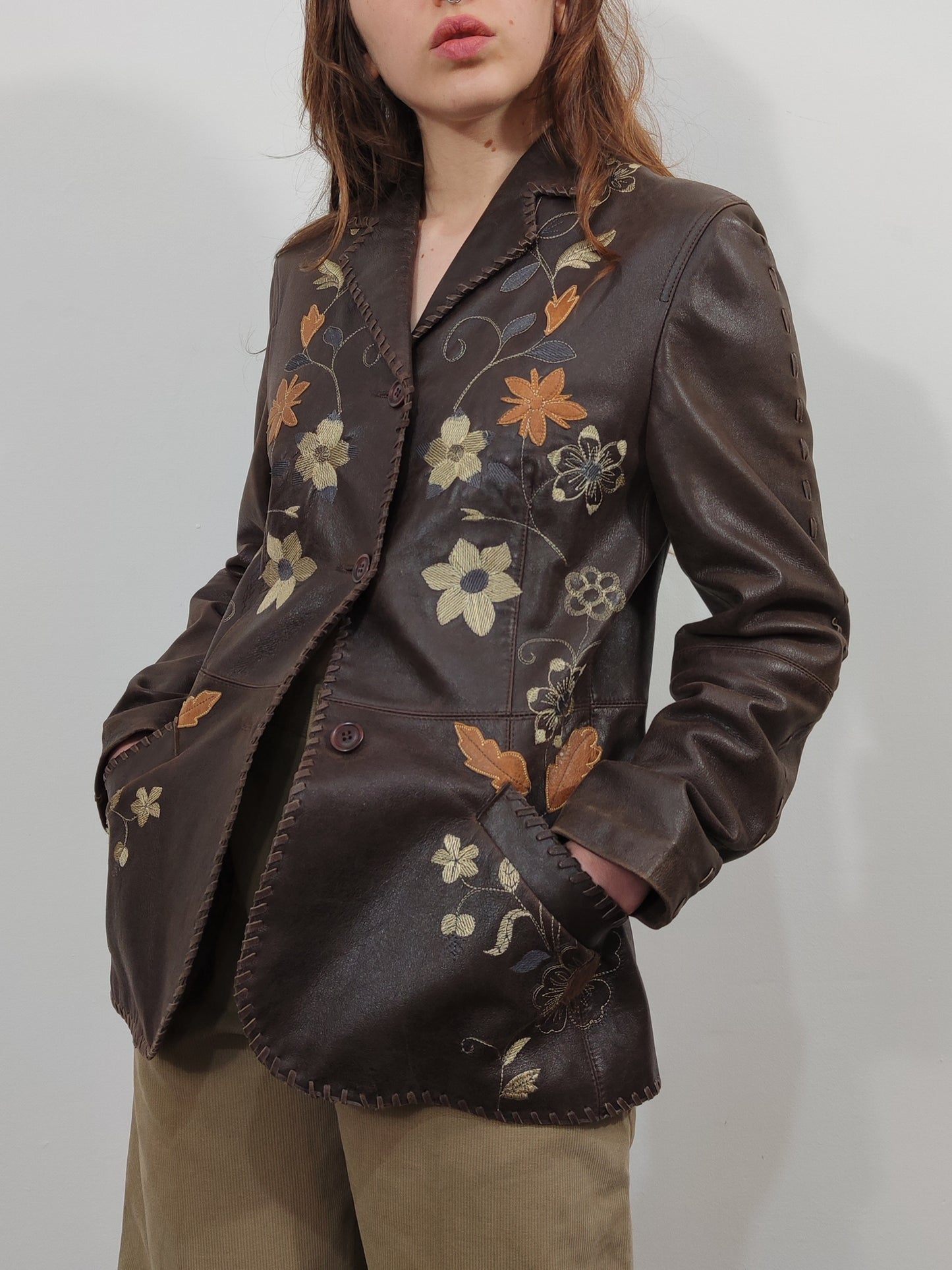 Embroidered Leather Blazer