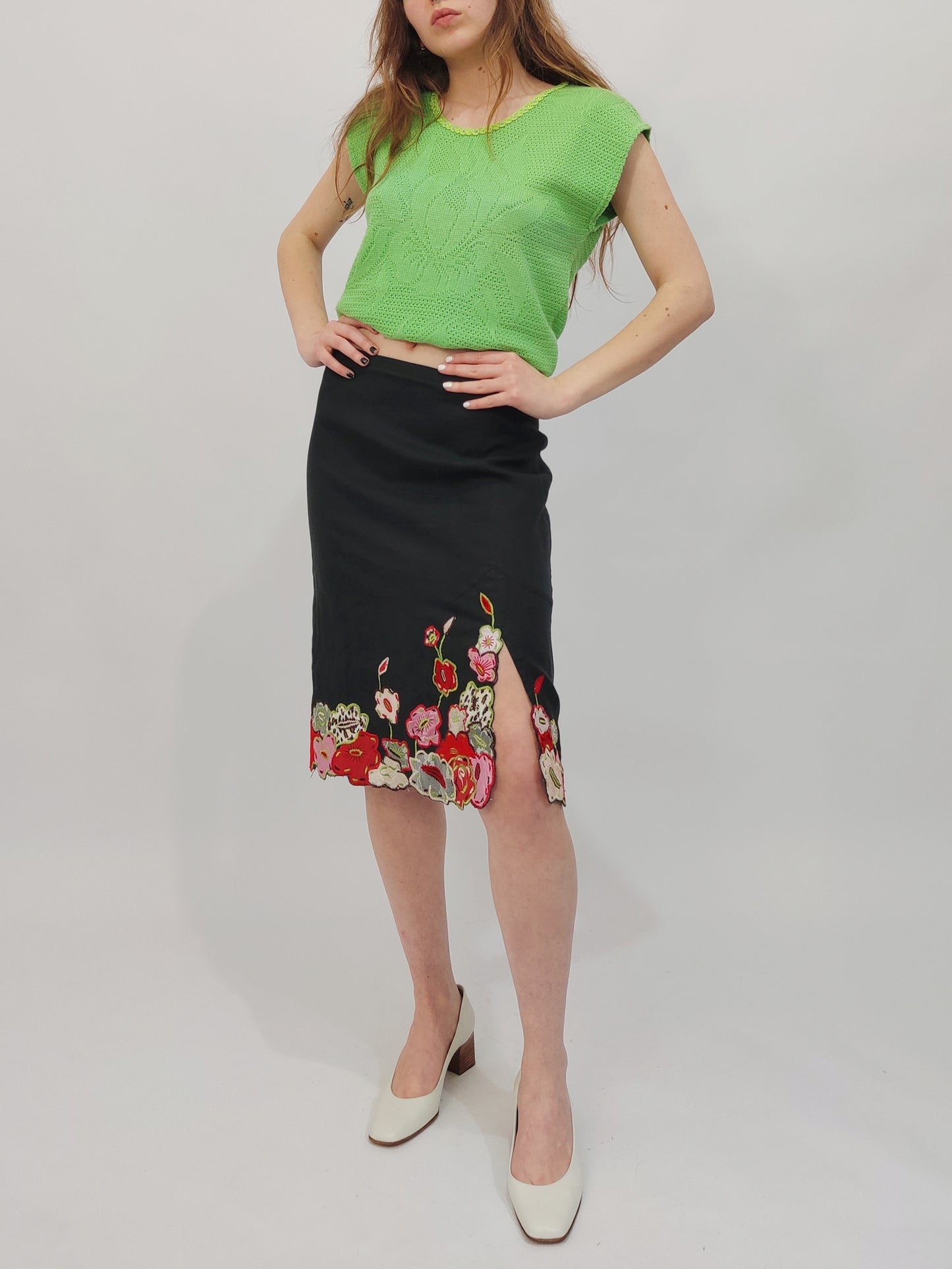 '80s Linen Embroidered Skirt - S/M