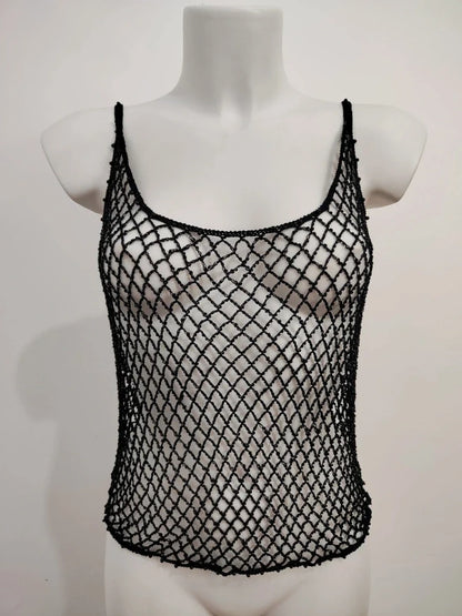 List Deadstock Fishnet Beaded Top - Black Tank