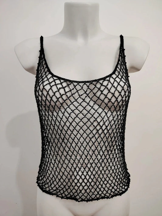 List Deadstock Fishnet Beaded Top - Black Tank