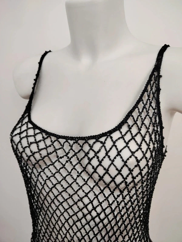 List Deadstock Fishnet Beaded Top - Black Tank