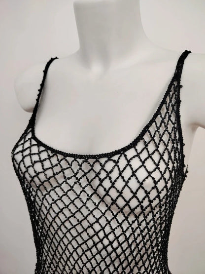 List Deadstock Fishnet Beaded Top - Black Tank