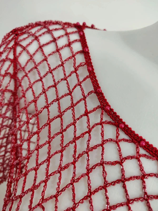 List Deadstock Fishnet Beaded Top - Red Long Sleeved