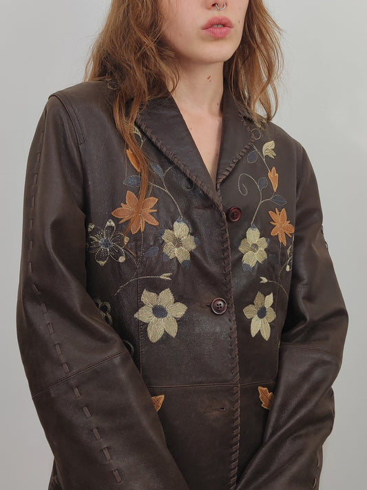 Embroidered Leather Blazer
