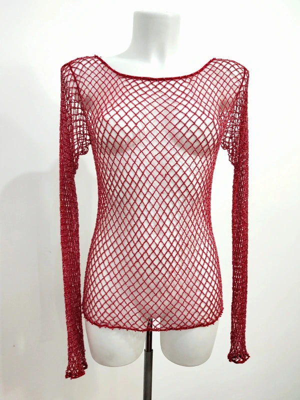 List Deadstock Fishnet Beaded Top - Red Long Sleeved
