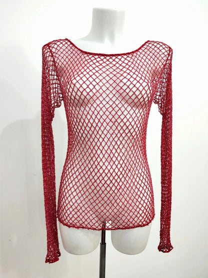 List Deadstock Fishnet Beaded Top - Red Long Sleeved