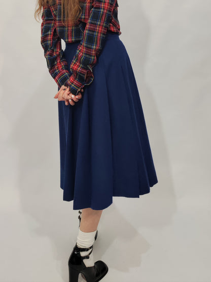 Navy Pleated Wool Skirt