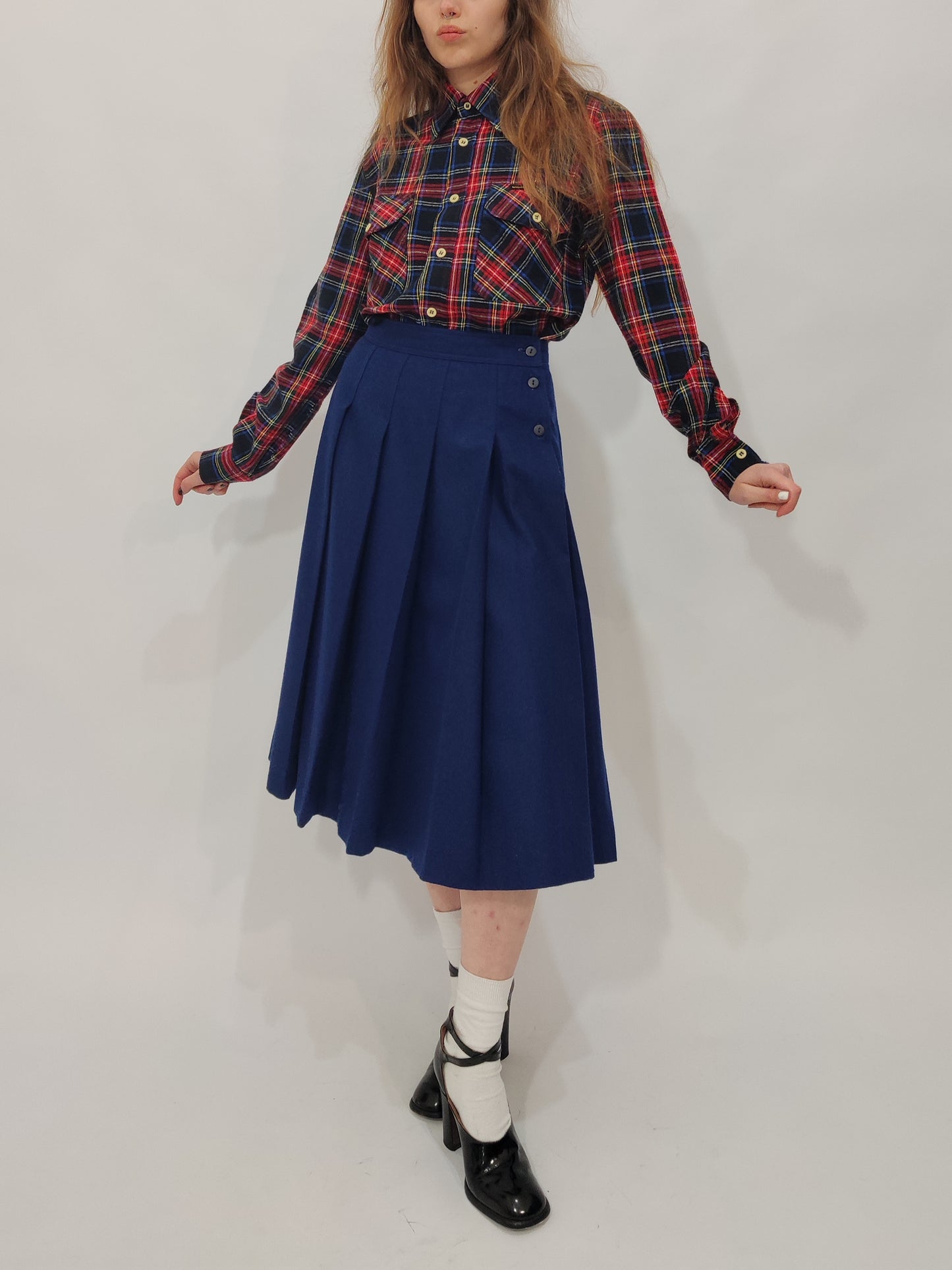Navy Pleated Wool Skirt