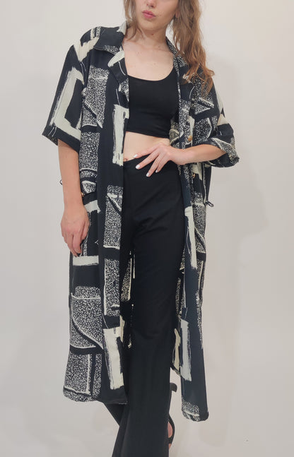 ‘90s Vintage Silk Blend Black and White Chemisier Dress