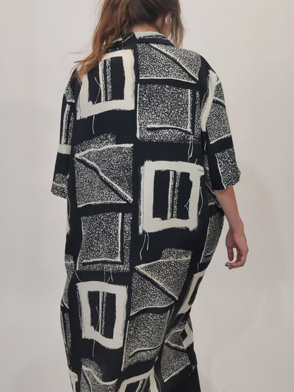 ‘90s Vintage Silk Blend Black and White Chemisier Dress