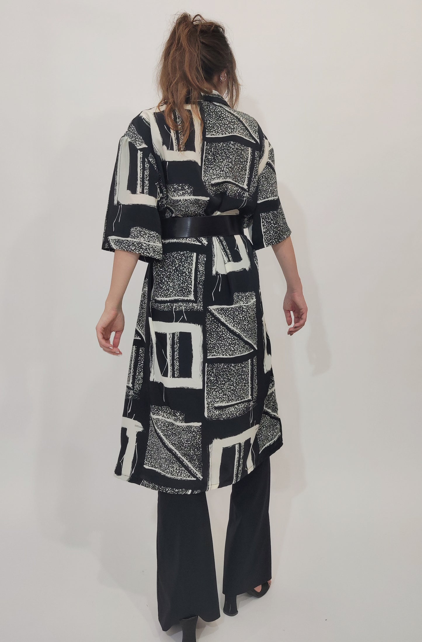 ‘90s Vintage Silk Blend Black and White Chemisier Dress