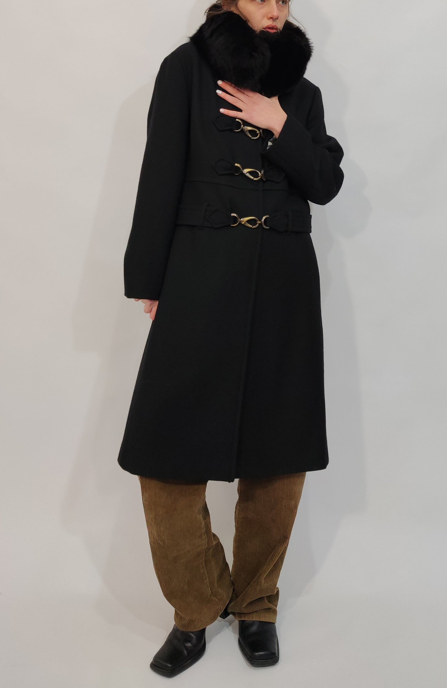 100% Wool Hooked Coat, Fur Collar
