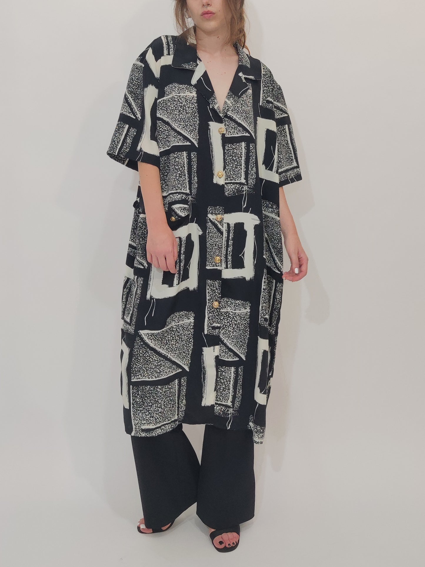 ‘90s Vintage Silk Blend Black and White Chemisier Dress