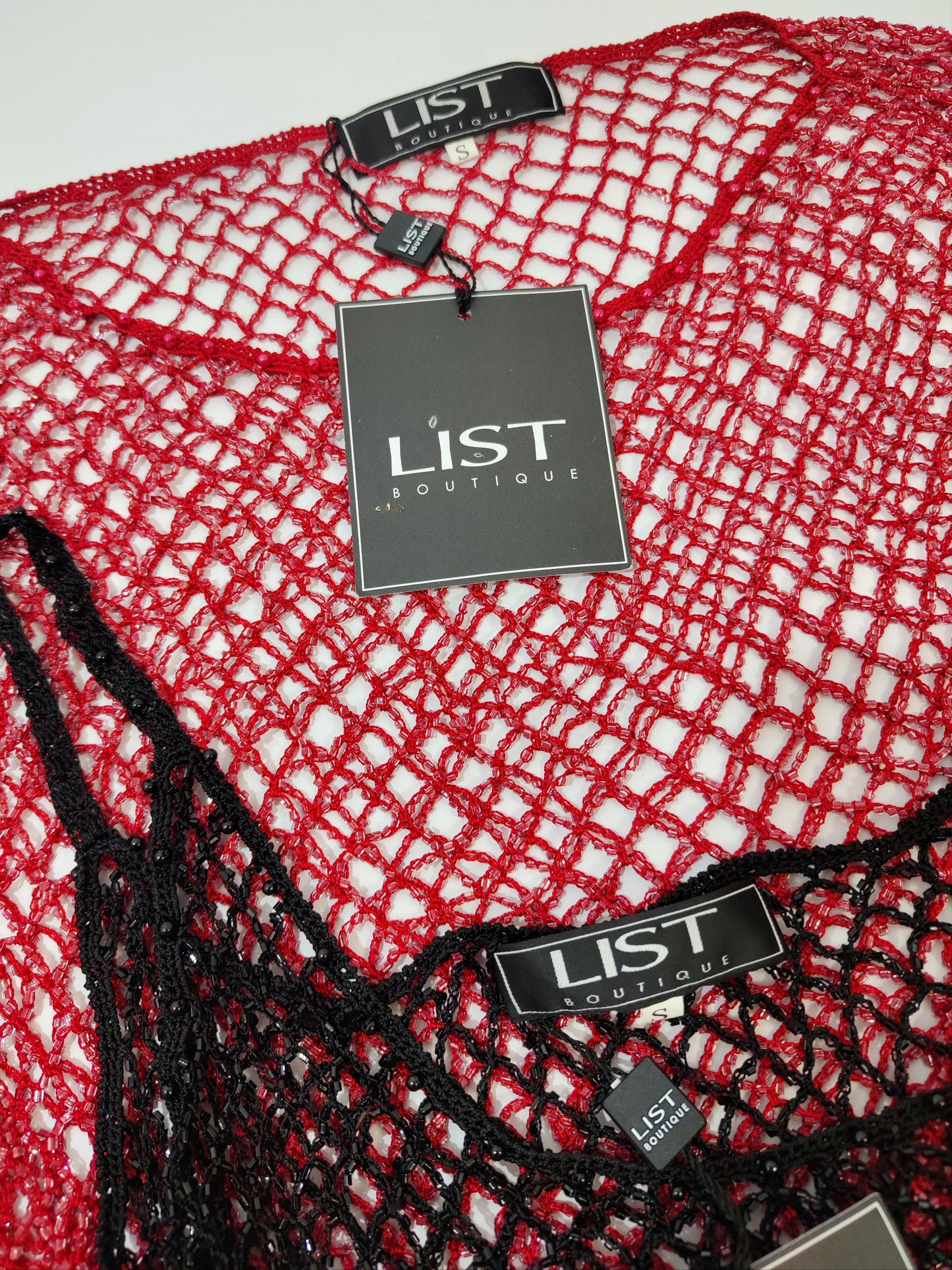 List Deadstock Fishnet Beaded Top - Red Long Sleeved
