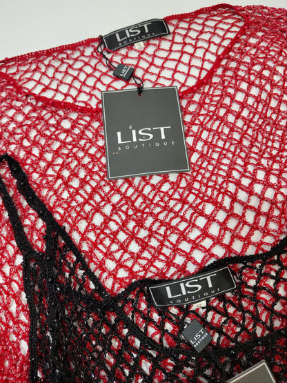 List Deadstock Fishnet Beaded Top - Red Long Sleeved