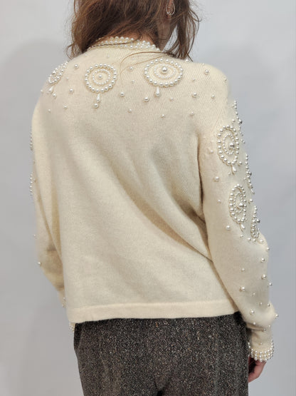 Vintage Pearl Embellished Angora Cardigan