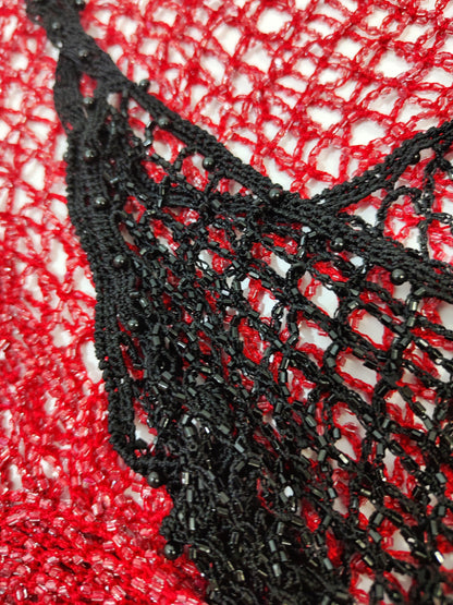List Deadstock Fishnet Beaded Top - Red Long Sleeved