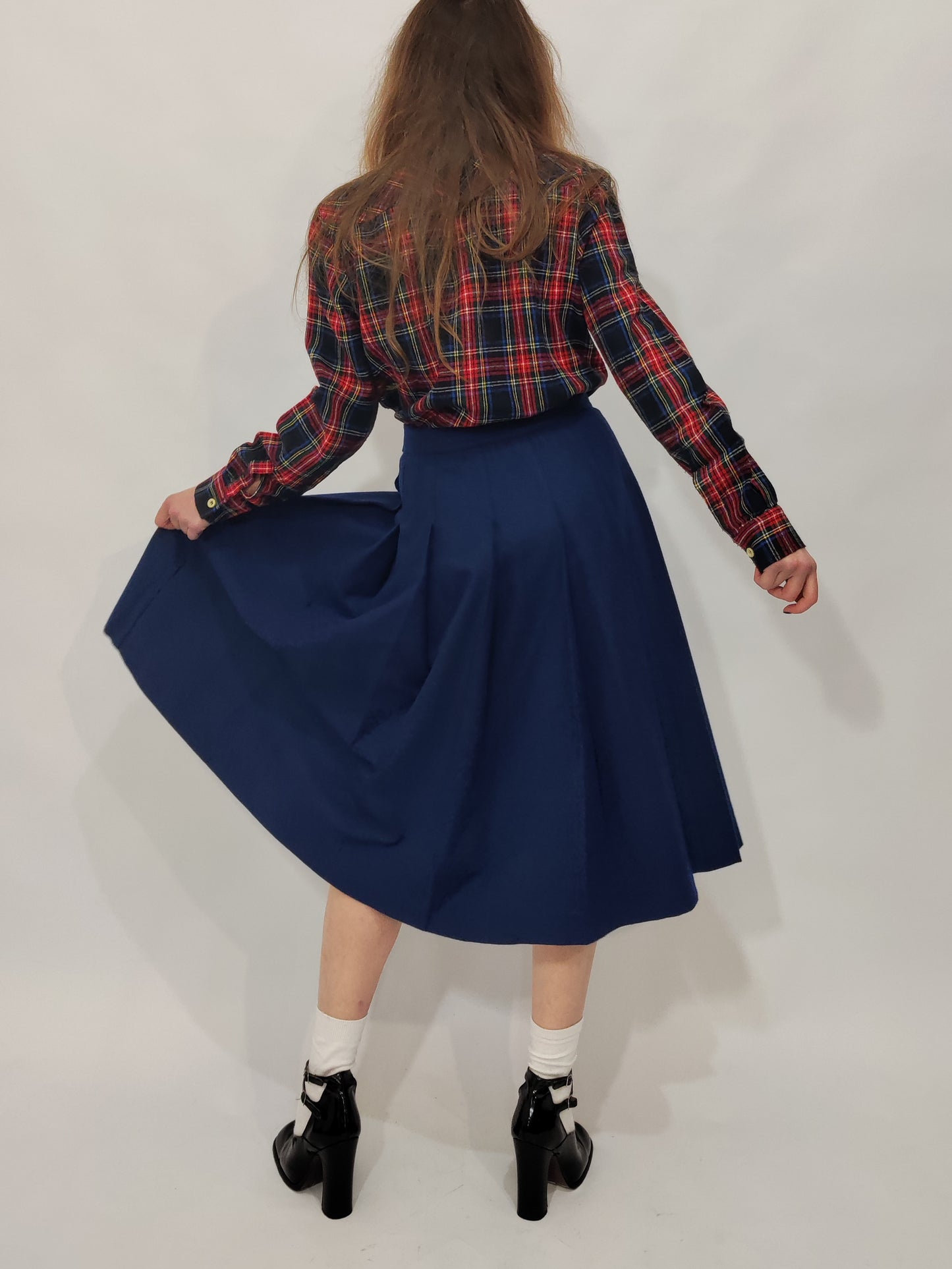 Navy Pleated Wool Skirt