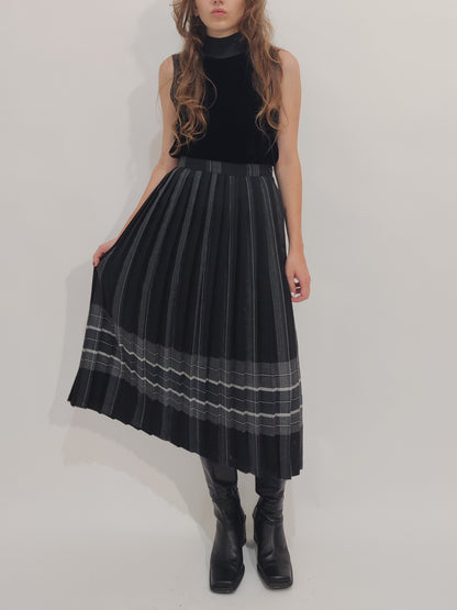 '90s Vintage Wool Charcoal Pleated Skirt - 44IT