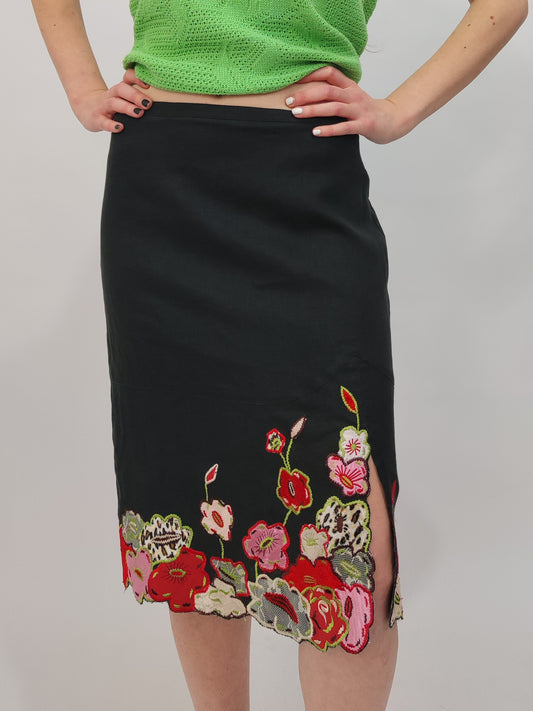 '80s Linen Embroidered Skirt - S/M