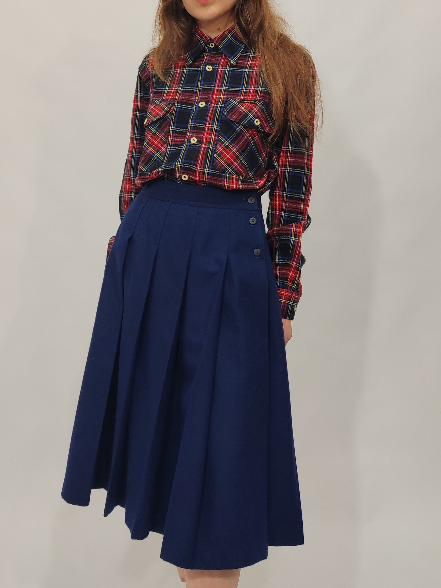Navy Pleated Wool Skirt