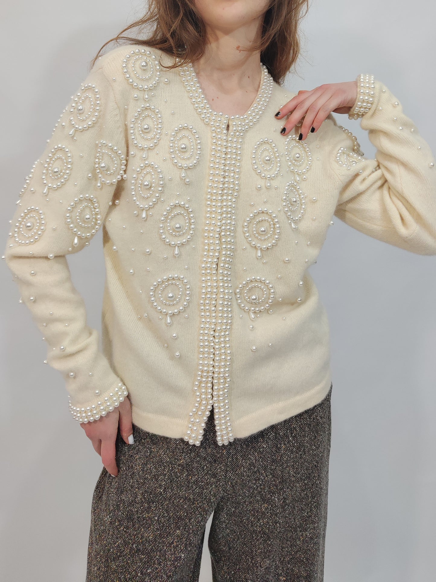 Vintage Pearl Embellished Angora Cardigan