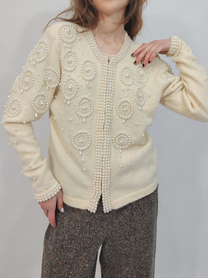 Vintage Pearl Embellished Angora Cardigan