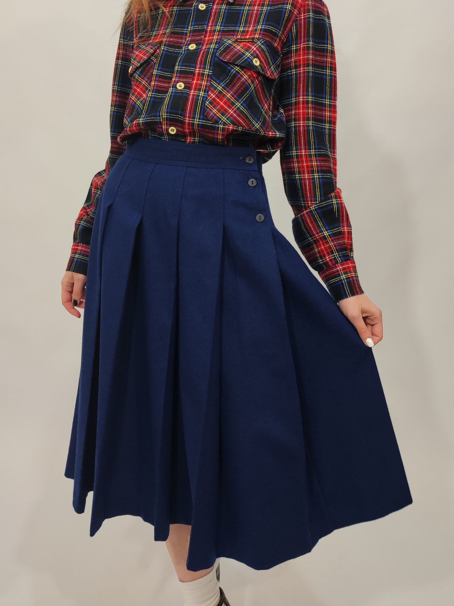 Navy Pleated Wool Skirt