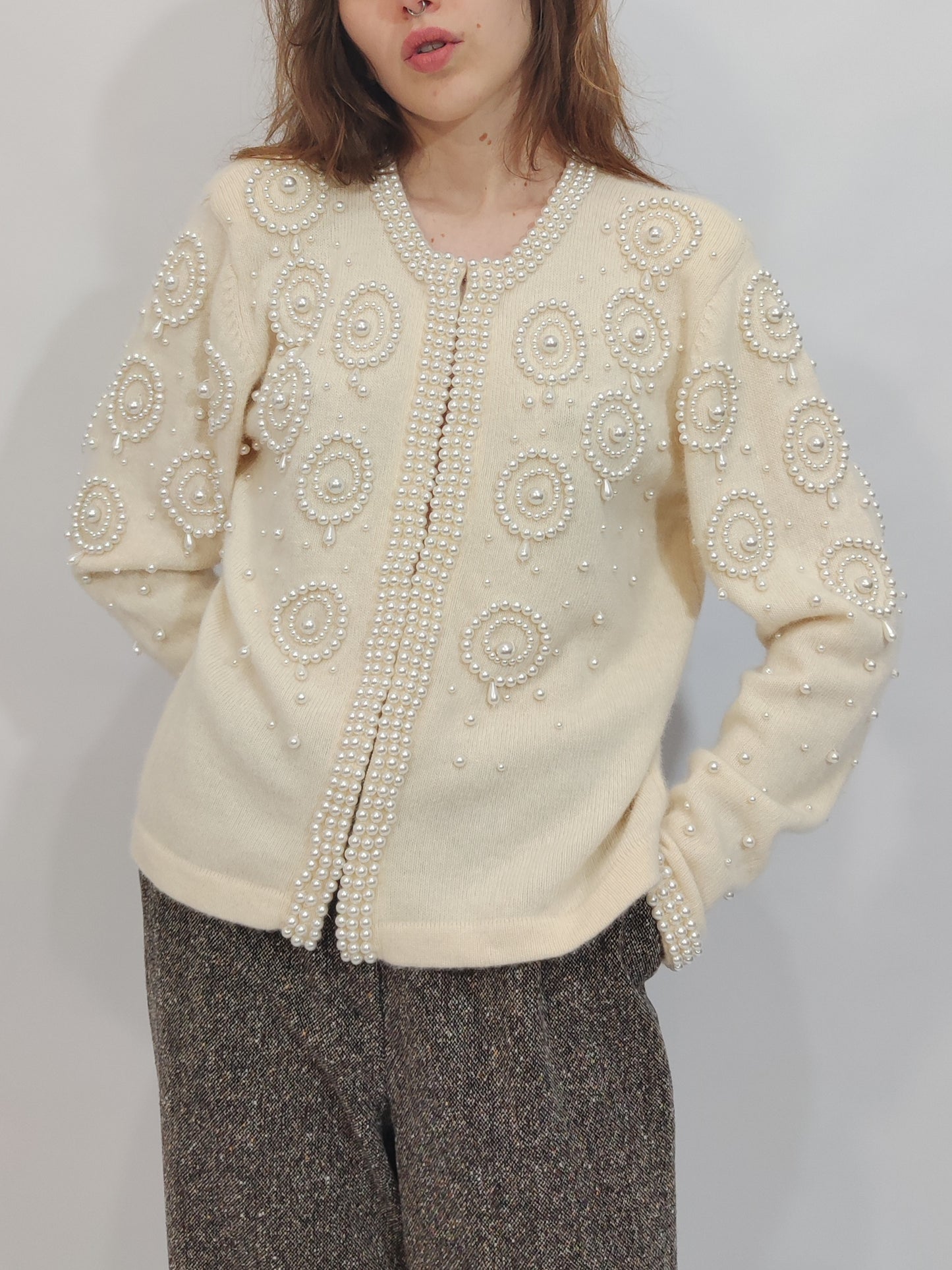 Vintage Pearl Embellished Angora Cardigan