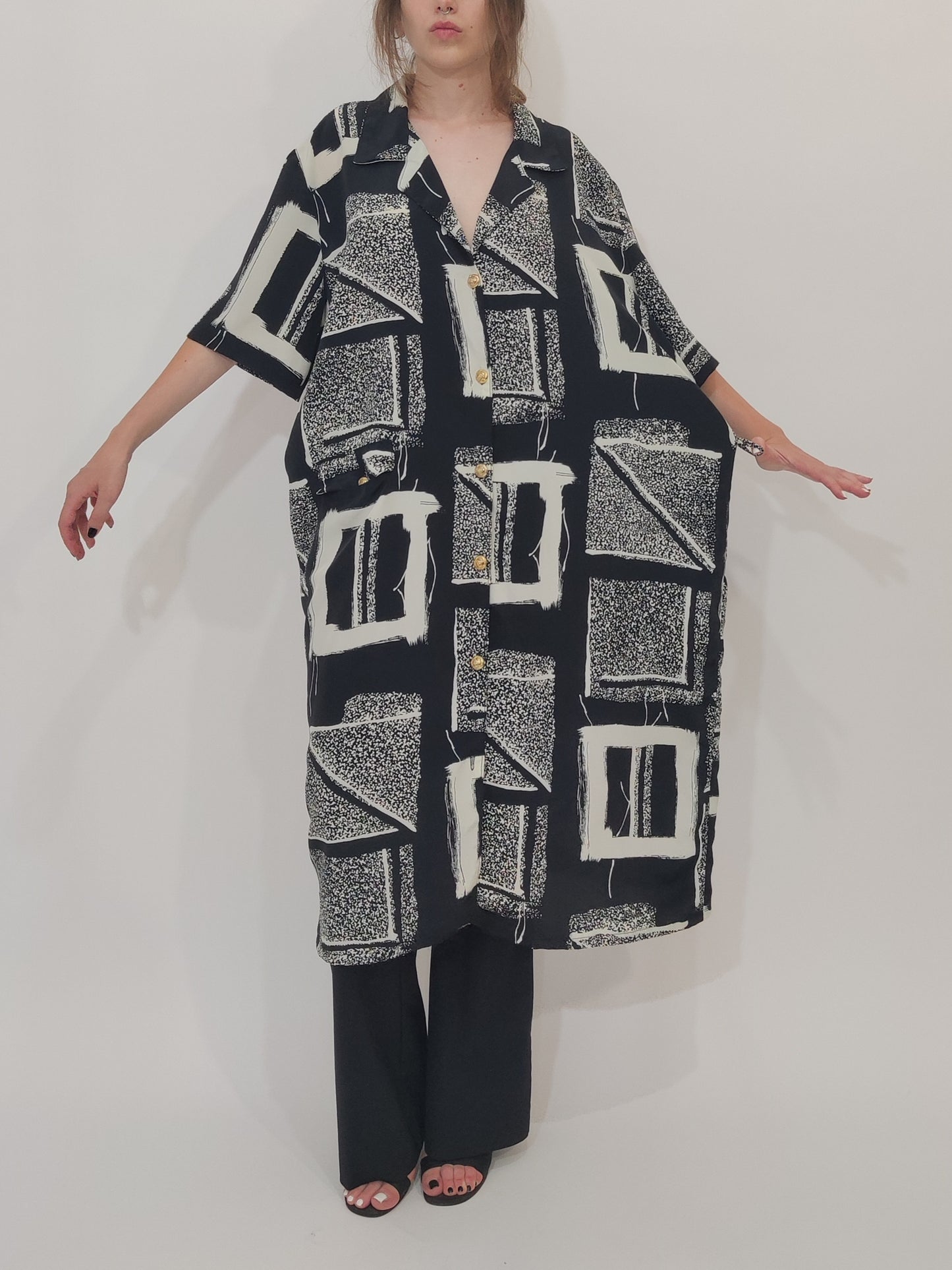 ‘90s Vintage Silk Blend Black and White Chemisier Dress