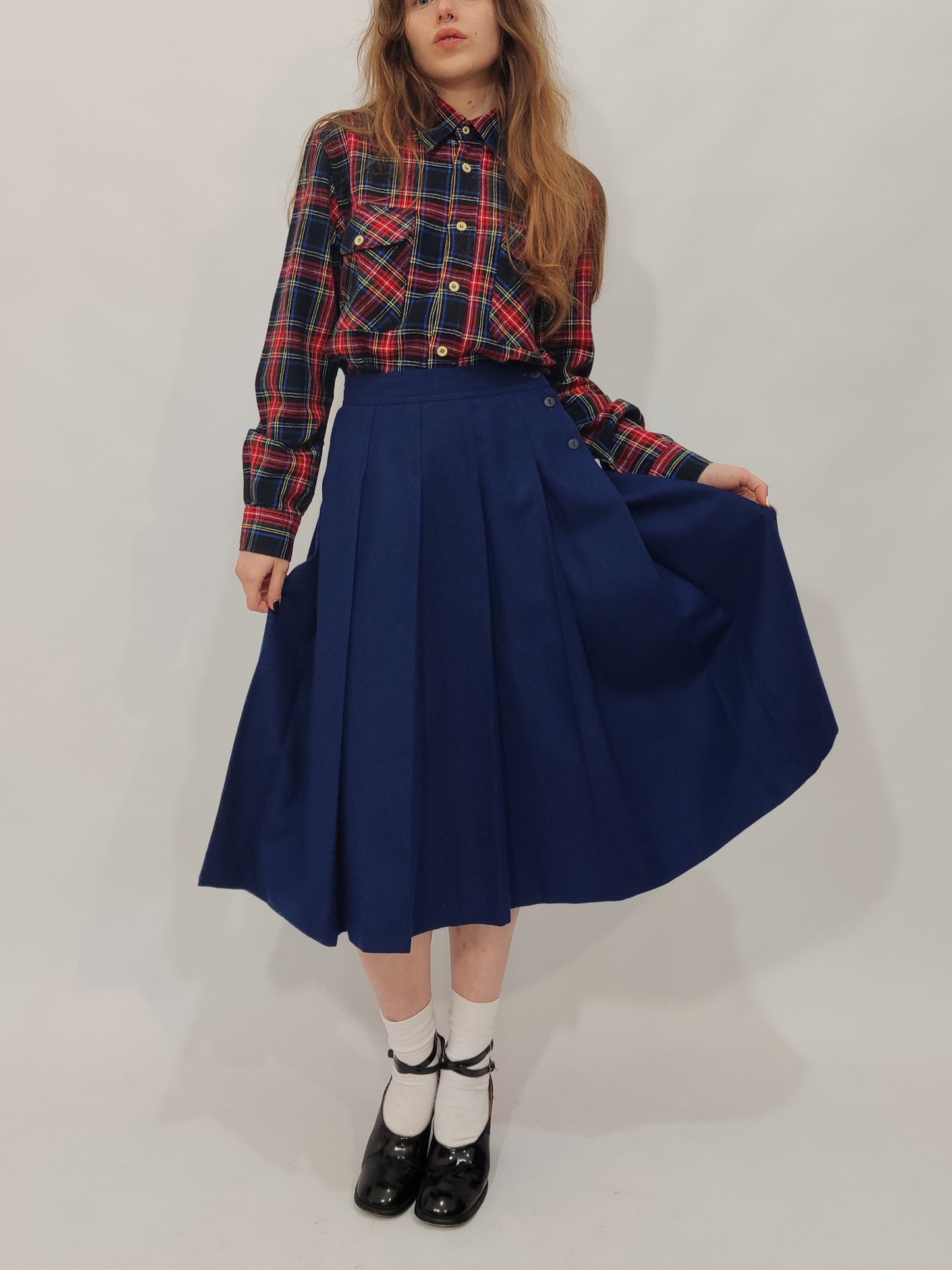 Navy Pleated Wool Skirt