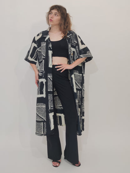 ‘90s Vintage Silk Blend Black and White Chemisier Dress