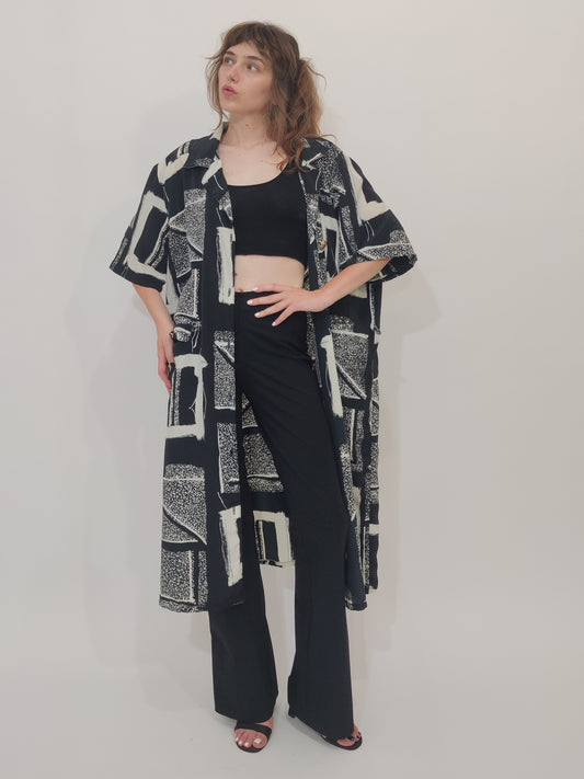 ‘90s Vintage Silk Blend Black and White Chemisier Dress