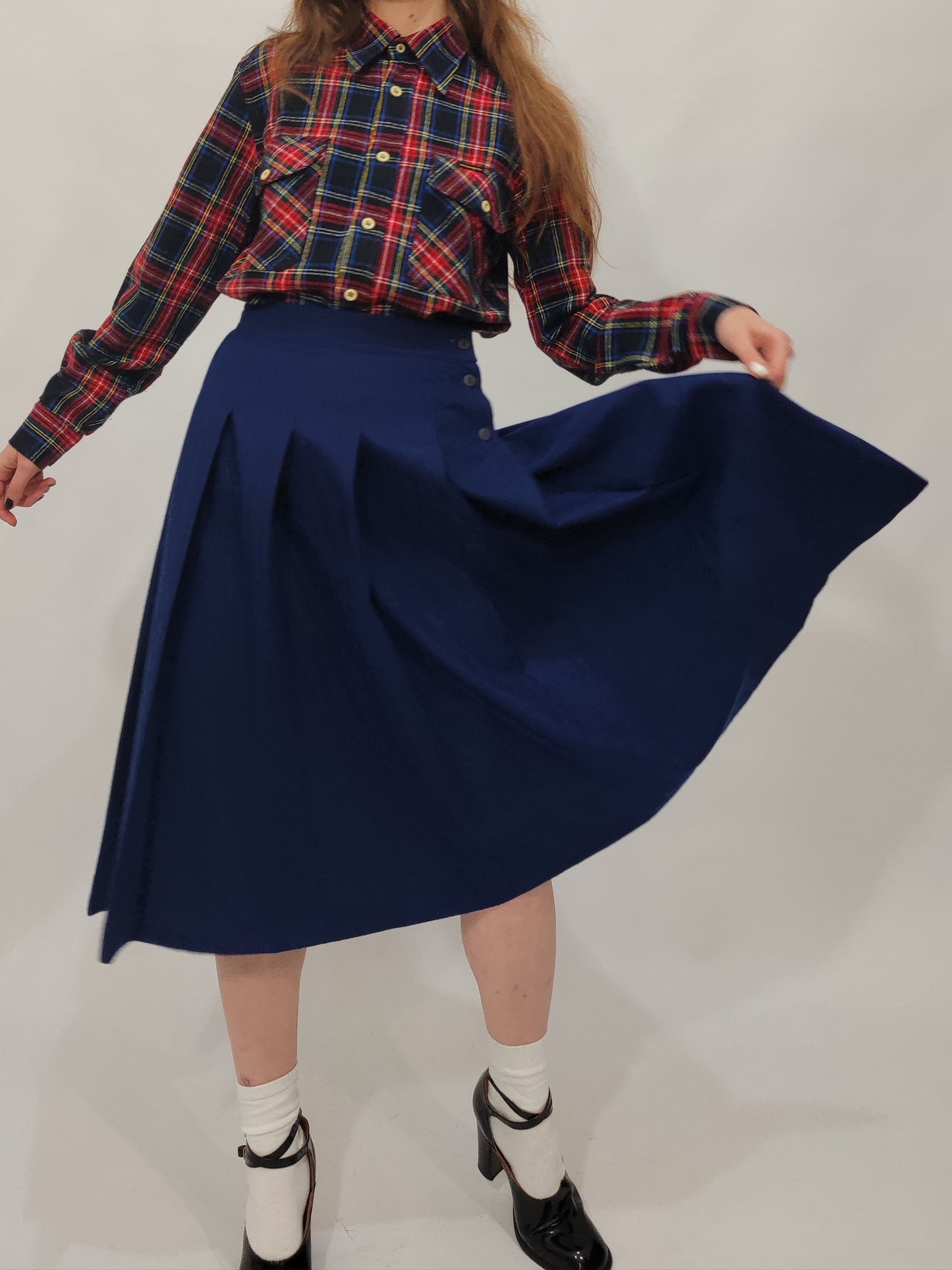 Navy Pleated Wool Skirt