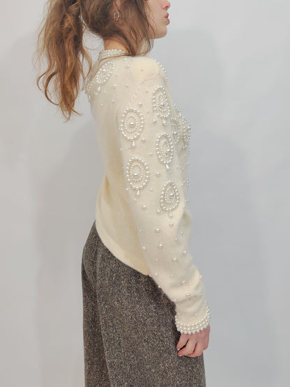 Vintage Pearl Embellished Angora Cardigan