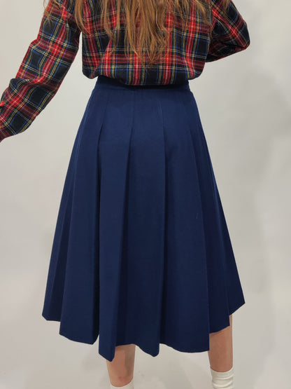 Navy Pleated Wool Skirt