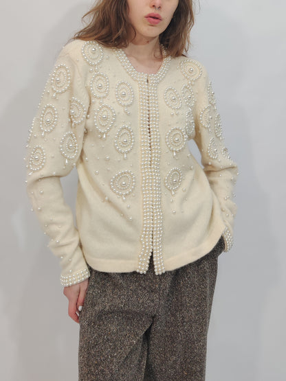 Vintage Pearl Embellished Angora Cardigan