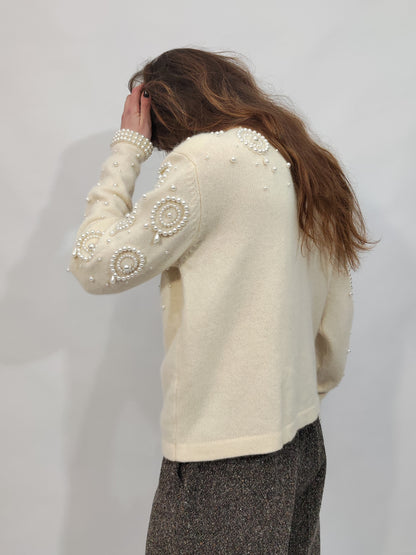 Vintage Pearl Embellished Angora Cardigan