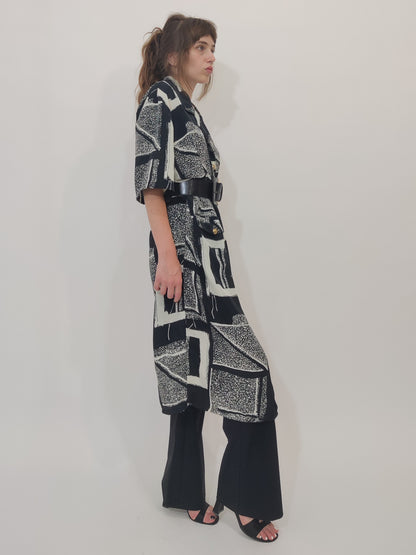 ‘90s Vintage Silk Blend Black and White Chemisier Dress