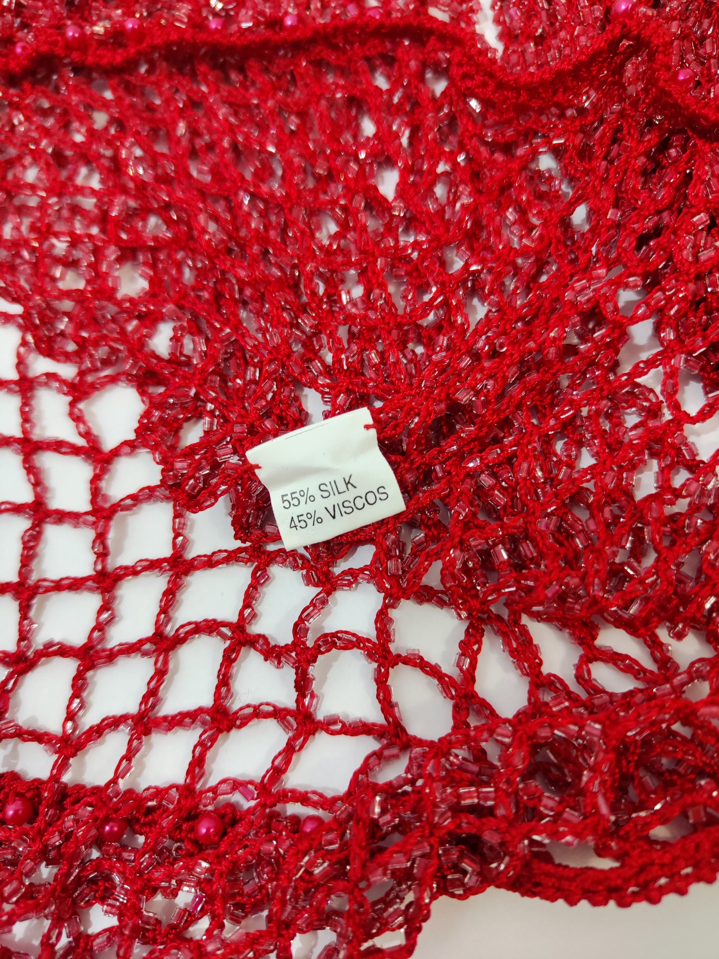 List Deadstock Fishnet Beaded Top - Red Long Sleeved