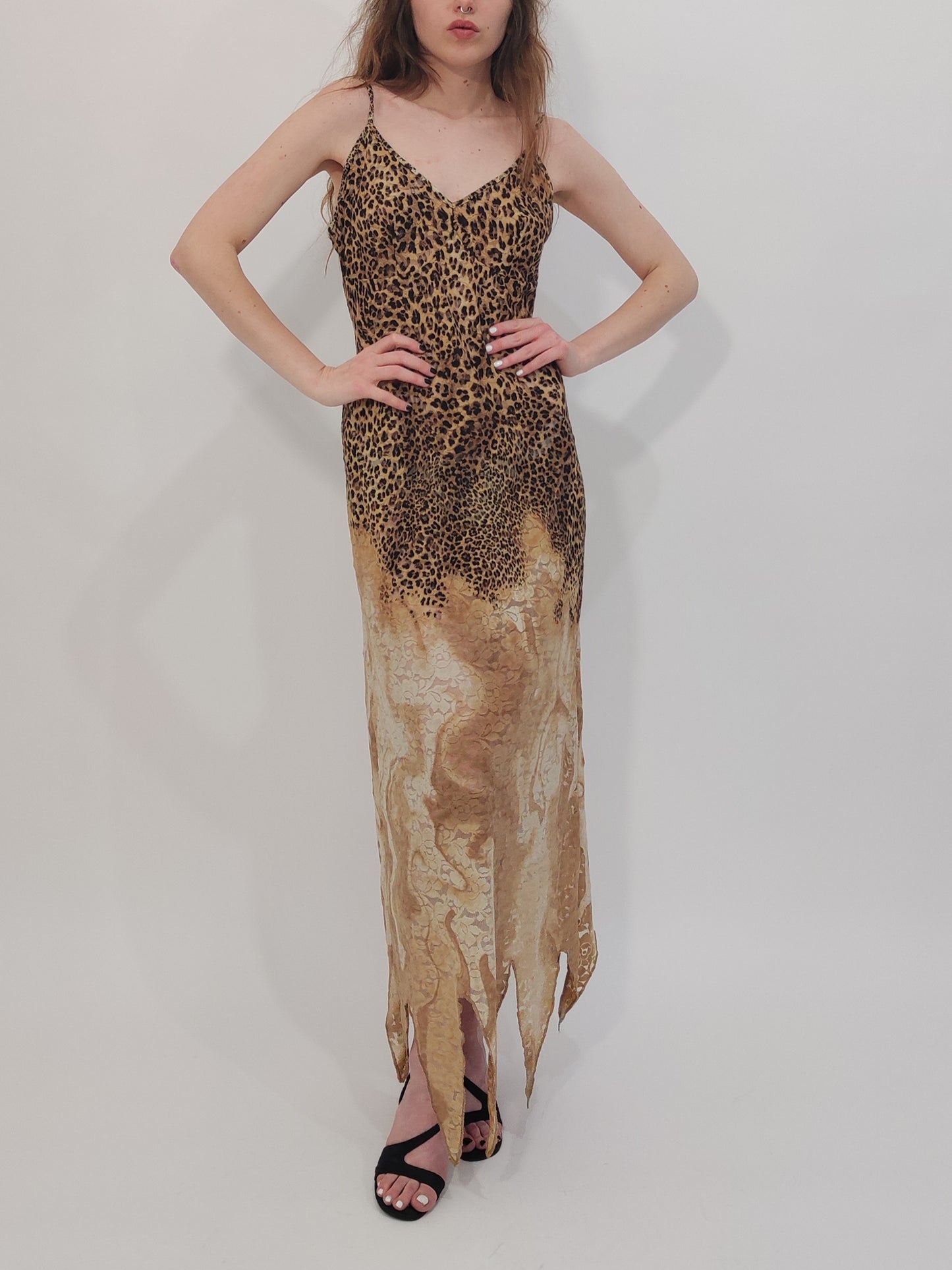 Late '90s Leopard Print Lace Slip Dress - Size L
