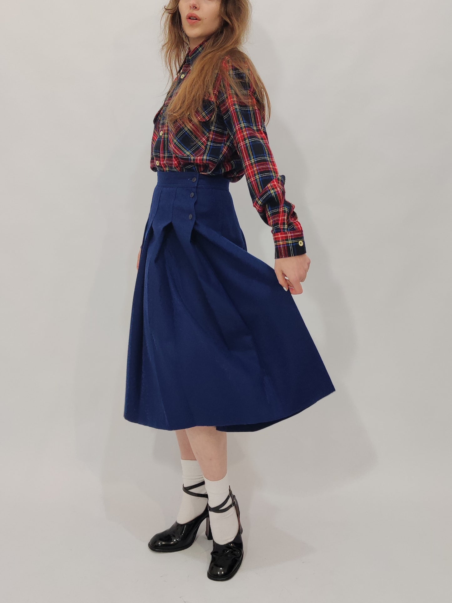 Navy Pleated Wool Skirt