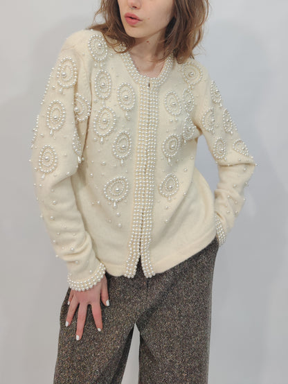 Vintage Pearl Embellished Angora Cardigan