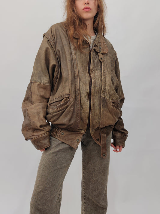 '80s Distressed Leather Bomber - Def.
